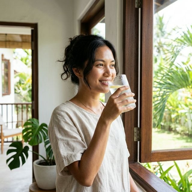 Filipina woman drinking water, fresh and detoxed