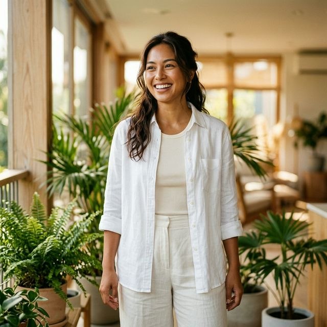 Energetic Filipina woman near window, vibrant and well-rested