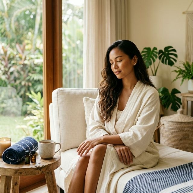 Filipina woman relaxing in a luxury home wellness setting